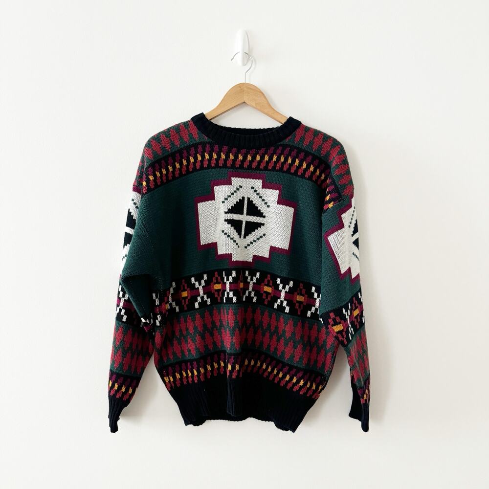 Aztec Grandpa Sweater Vintage mens large brittany bay neutral classic vtg cozy